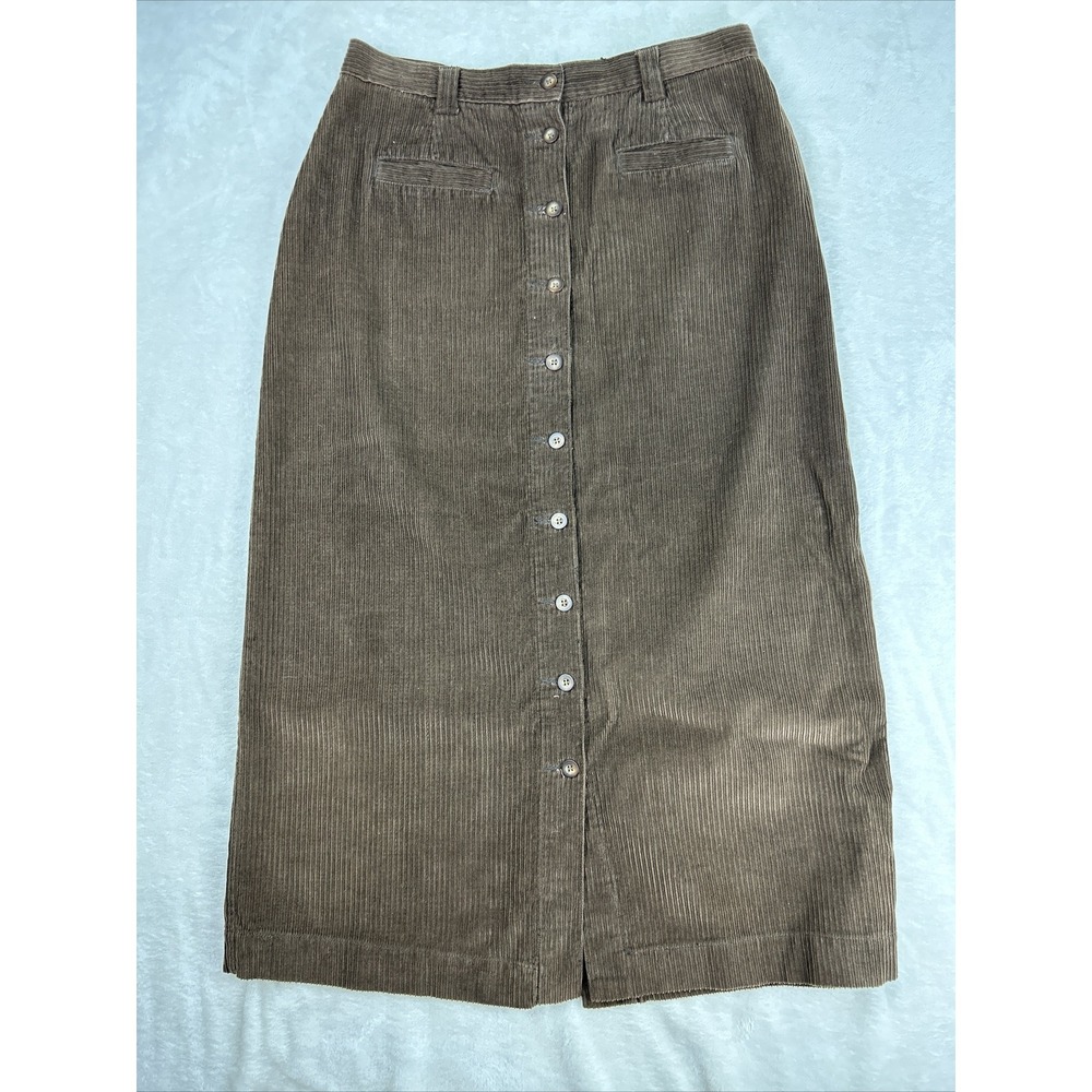 Vintage Long Brown Corduroy Skirt Casual Connections Petites Button Up Sz 14